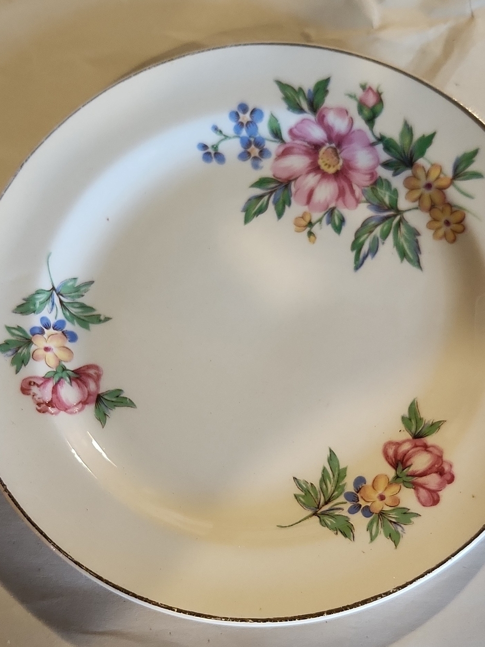 Porcelain Floral Dinner Plate in Pink and Green with Gold Trim
